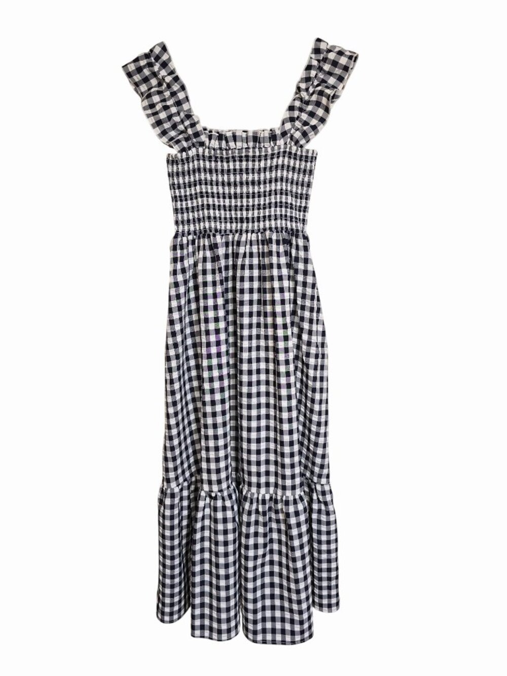 Medium Black White Gingham Smocked Maxi Dress Ruffle Straps Tiered Cottage Core - Picture 5 of 6